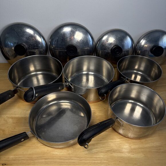Vtg Revere Ware 1801 Copper Bottom 9 Piece Pre-68 Pans Pots Lids
